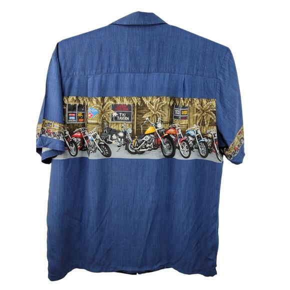 Vintage Paradise Found Tiki Tavern Aloha Hawaiian Camp Shirt Blue XL Motorcycle - Picture 2 of 9